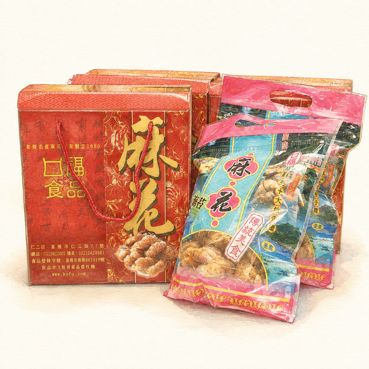 口福麻花紅色禮盒與藍粉色麻花包裝的手繪水彩插畫